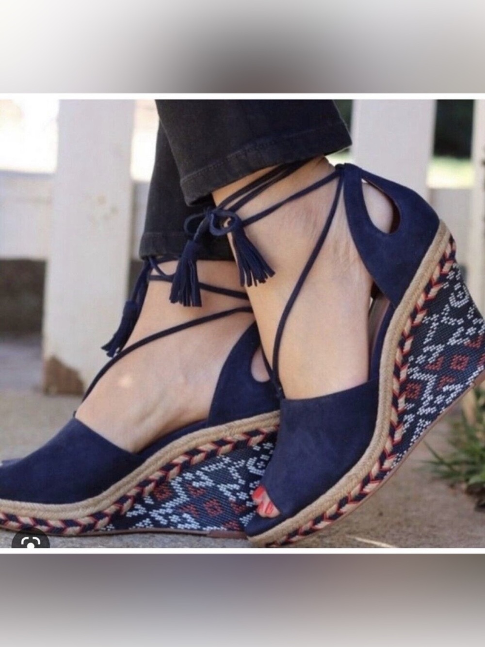 CAbi Navy Suede Lace-Up Espadrille Wedge Sandals